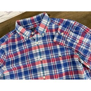 Vineyard Vines Mens Medium Blue Red Plaid Long Sleeve Button Down Shirt Cotton